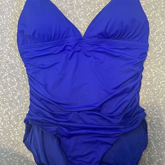 CARMEN MARC VALVO Bright Blue One Piece Swimsuit Deep V Ruched Slimming 12 - Picture 5 of 10